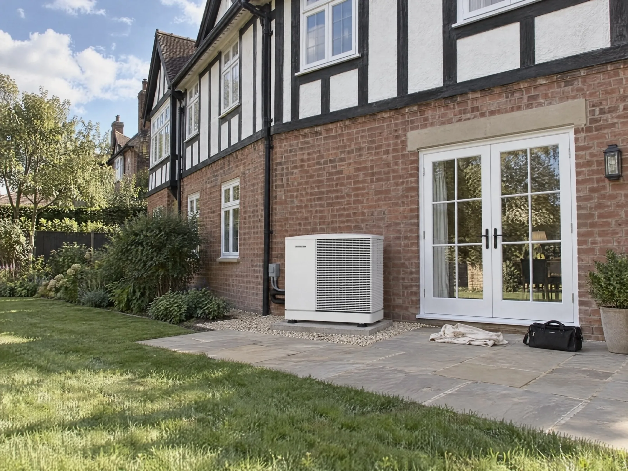 Illustration of the back of a mock-Tudor detached house with a white air source heat pump on a slab beside the French doors and a lawn in front