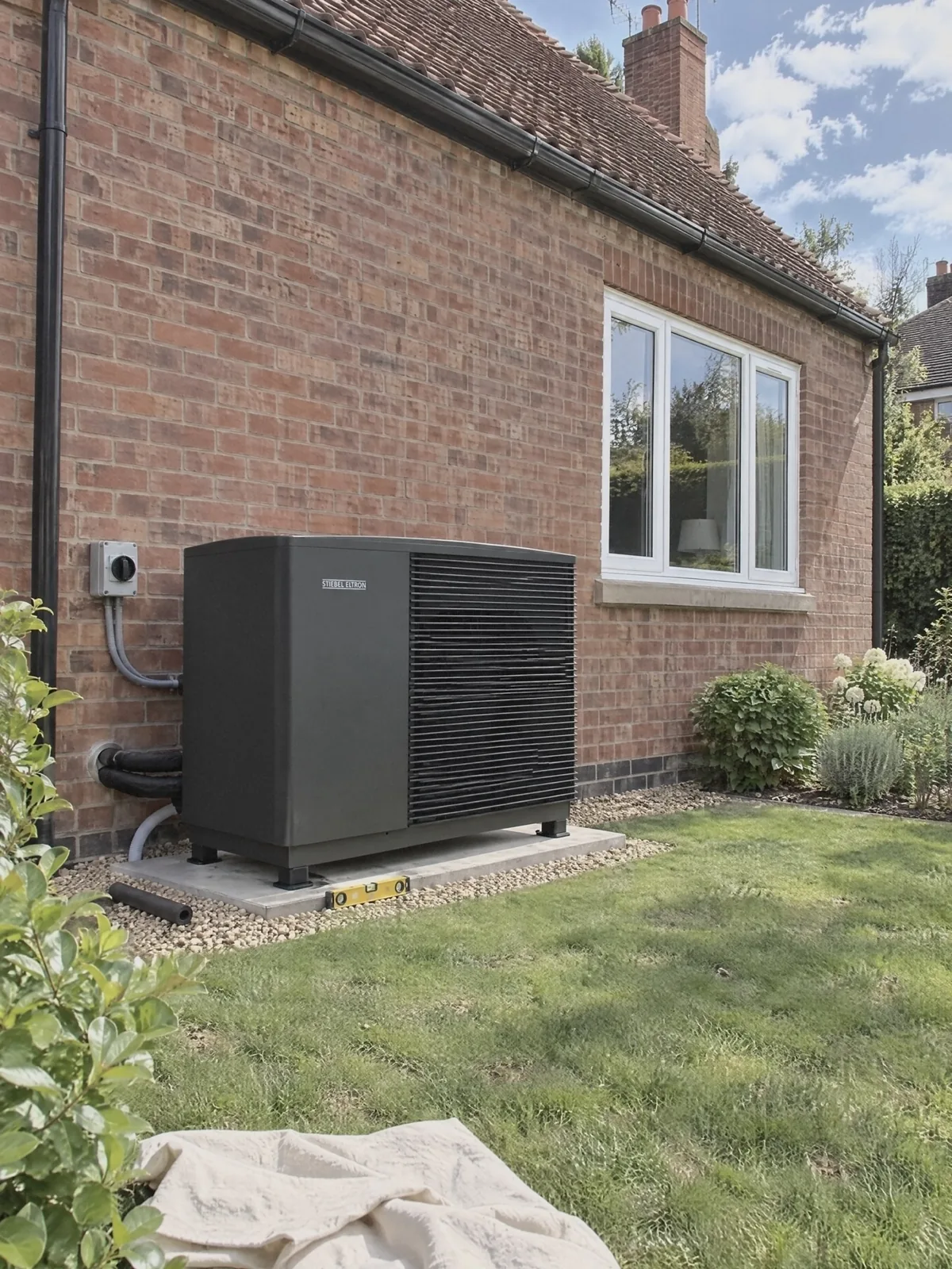 Illustration of an anthracite Stiebel Eltron air source heat pump on anti-vibration feet on a new slab behind a red-brick 1930s detached house, its front facing out into the garden and its pipes running into the wall behind it