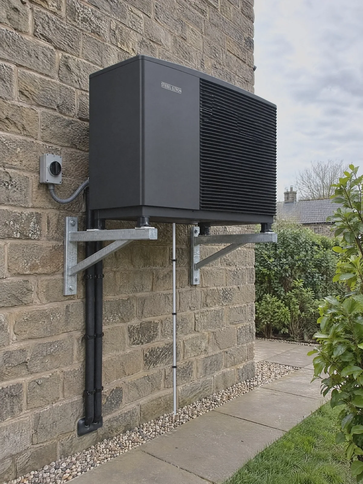Illustration of an anthracite Stiebel Eltron air source heat pump on galvanised wall brackets on the gritstone gable of a detached house, facing out over the garden path, its lagged pipes dropping into a wall box and a white condensate pipe running down to the gravel