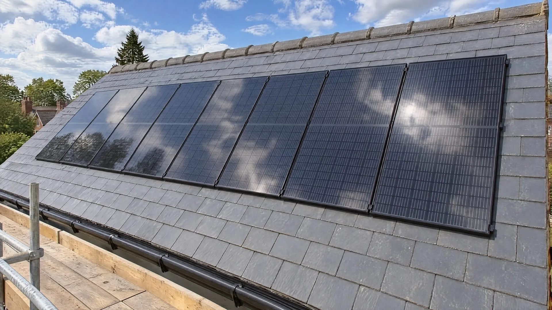 Illustration of a single row of eight black SolarWatt solar panels on the slate roof of an Edwardian red-brick detached house, seen from the scaffold at the eaves