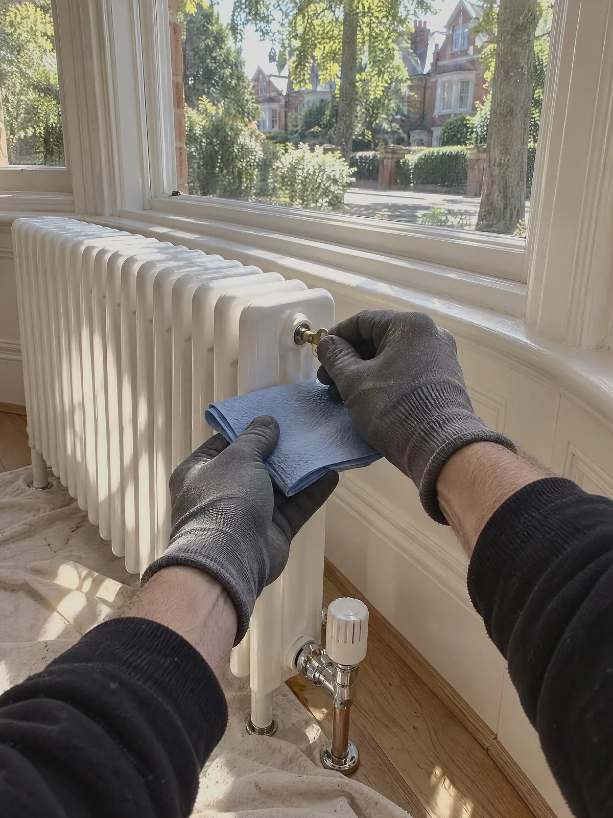 Illustration of an engineer's gloved hands bleeding a new white column radiator under a sunny bay window, a blue paper towel held under the bleed valve