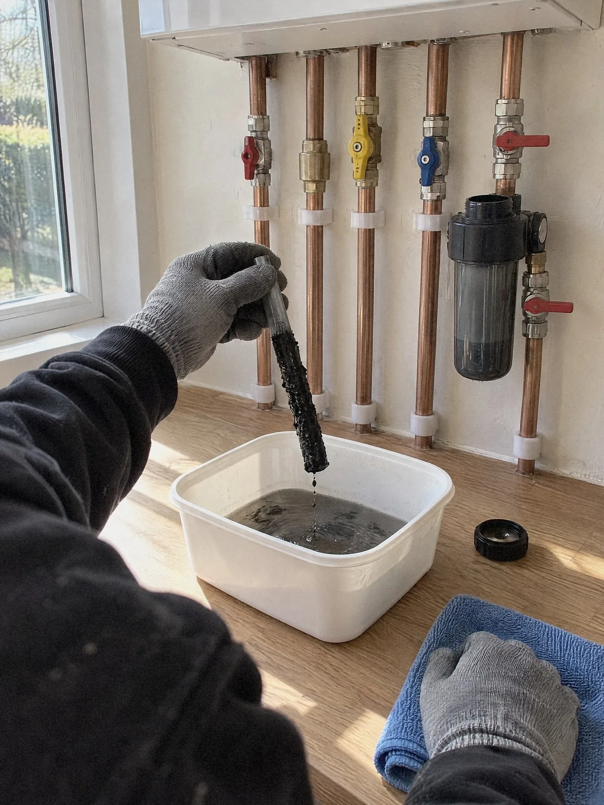 Illustration of an engineer's gloved hand holding the sludge-coated magnet from a boiler's magnetic filter over a tub of dirty water during an annual service