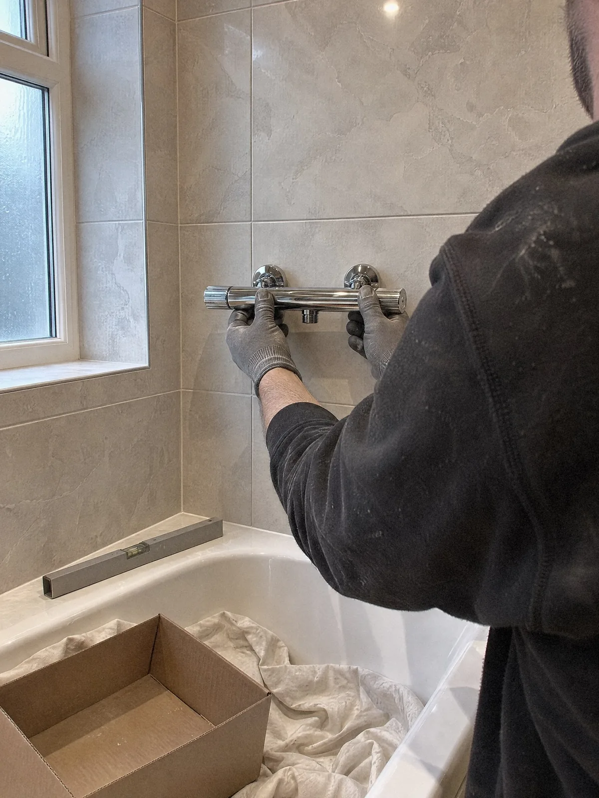 Illustration of an engineer fitting a chrome bar shower valve above a new bath, seen from behind