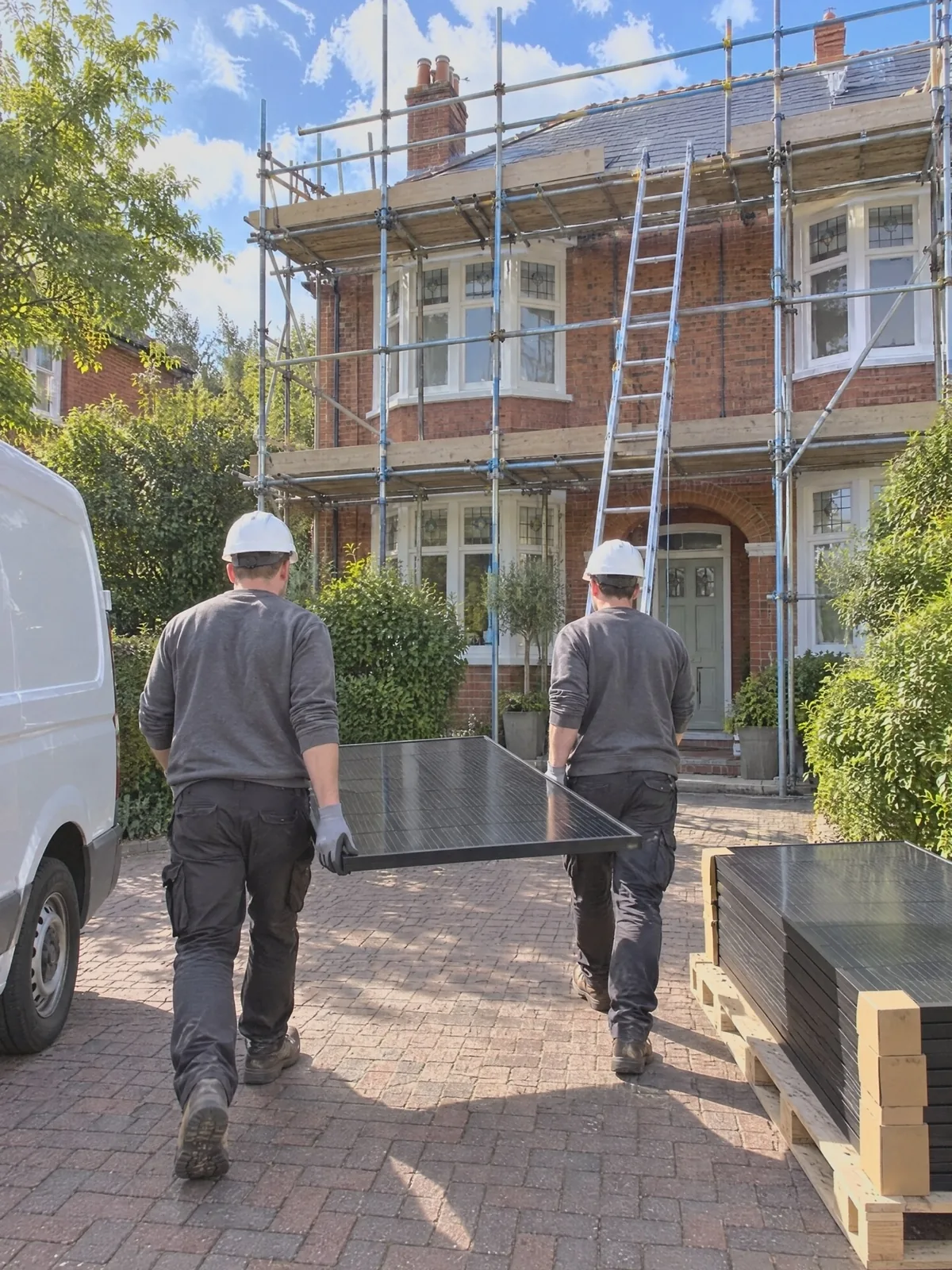 Illustration of two engineers seen from behind carrying a black SolarWatt solar panel across the drive of a red-brick Edwardian house toward the scaffold on install day