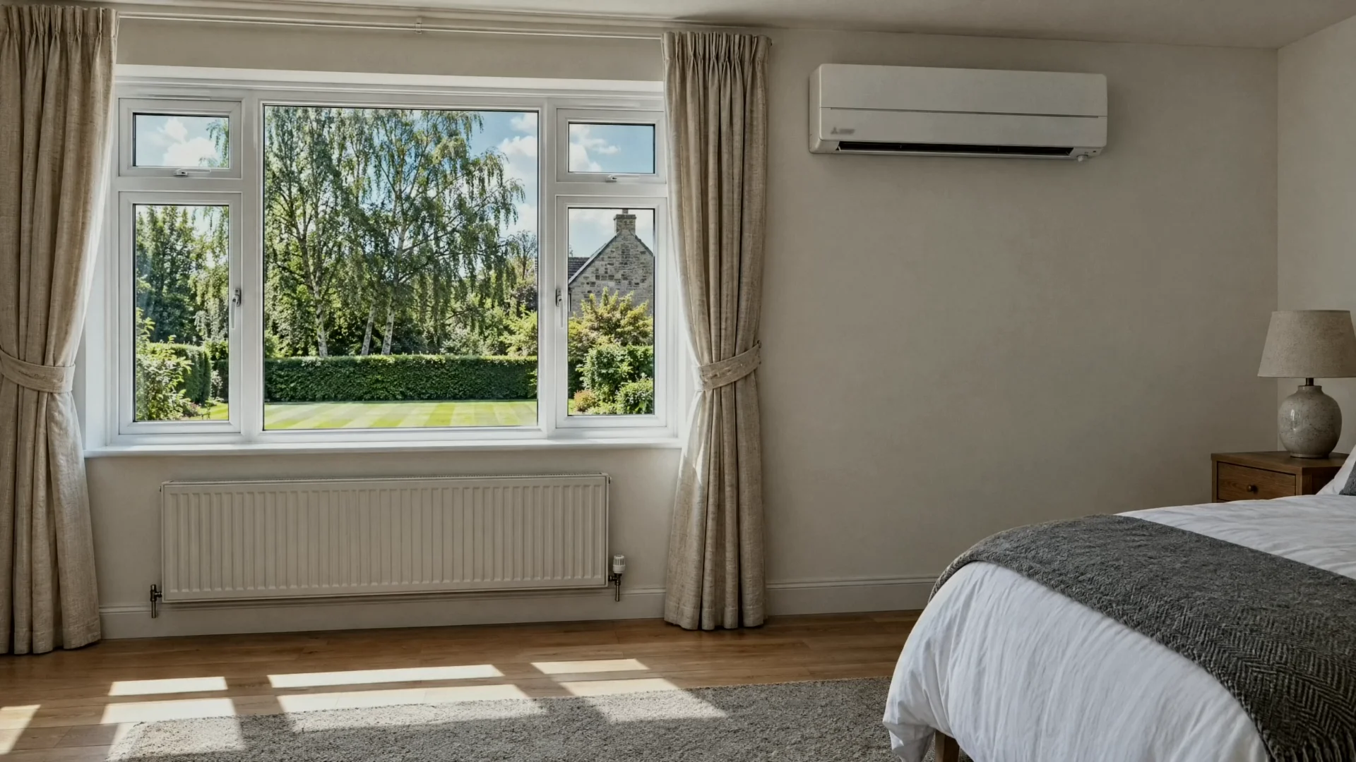 Illustration of a white Mitsubishi Electric air conditioning unit high on the wall of a bright bedroom, a curtained window onto a sunny garden and a radiator below it