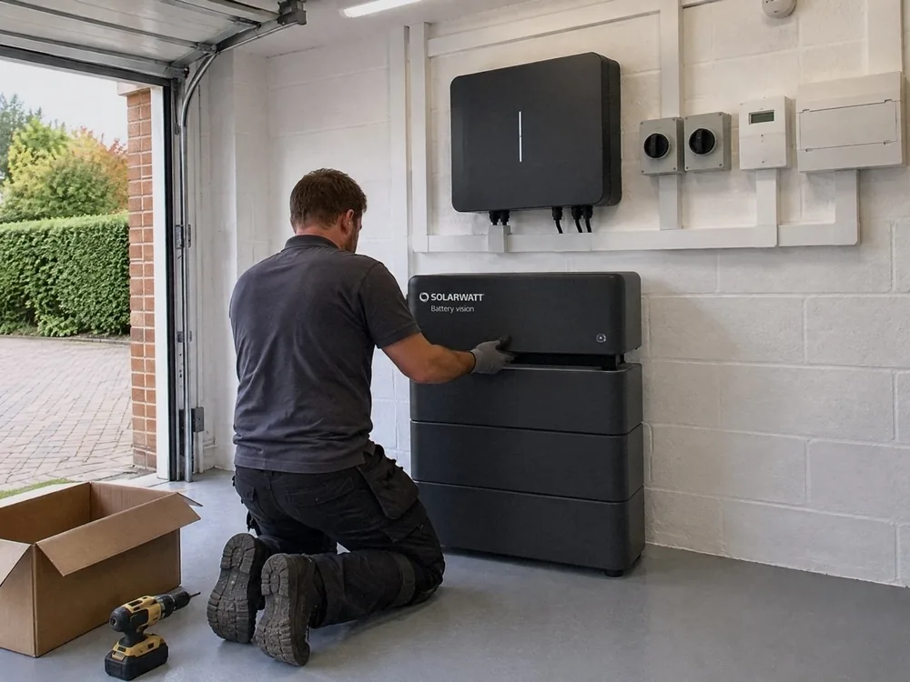 Illustration of a fitter kneeling to fit the top module of a SolarWatt battery stack in a garage, the inverter already on the wall