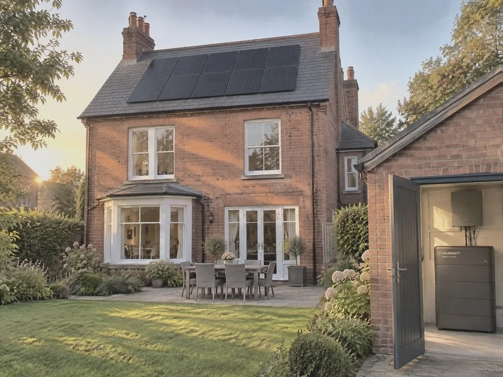 Illustration of the back garden of a red-brick Edwardian house with solar panels on its slate roof and a garage door open on a SolarWatt battery