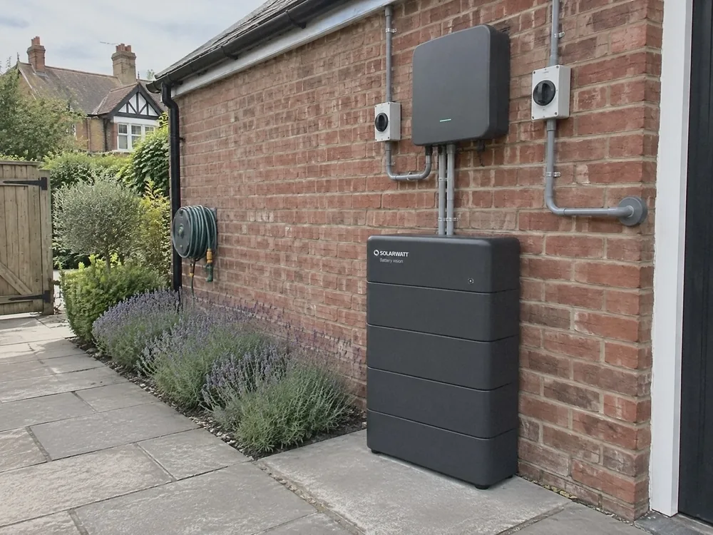Illustration of a SolarWatt home battery on a slab against the brick wall of a detached garage, the inverter and isolators above it in grey conduit, lavender along the path
