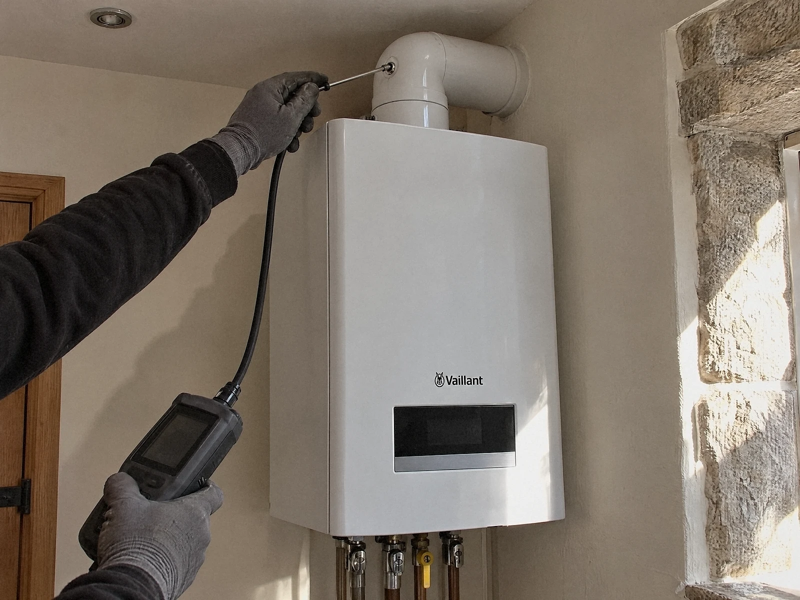 Illustration of a gas engineer testing the flue of a white Vaillant boiler with a handheld flue gas analyser in a sunlit stone cottage kitchen