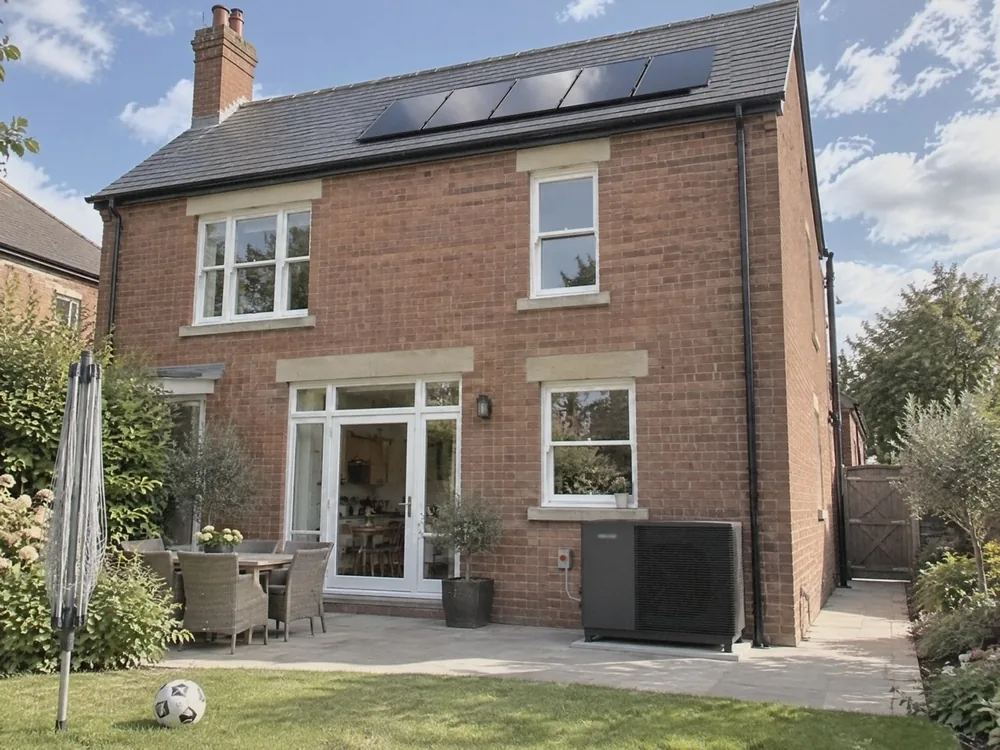 Illustration of the back of a red-brick detached house with stone lintels on a sunny day, five black solar panels on its slate roof and a dark grey heat pump on the patio