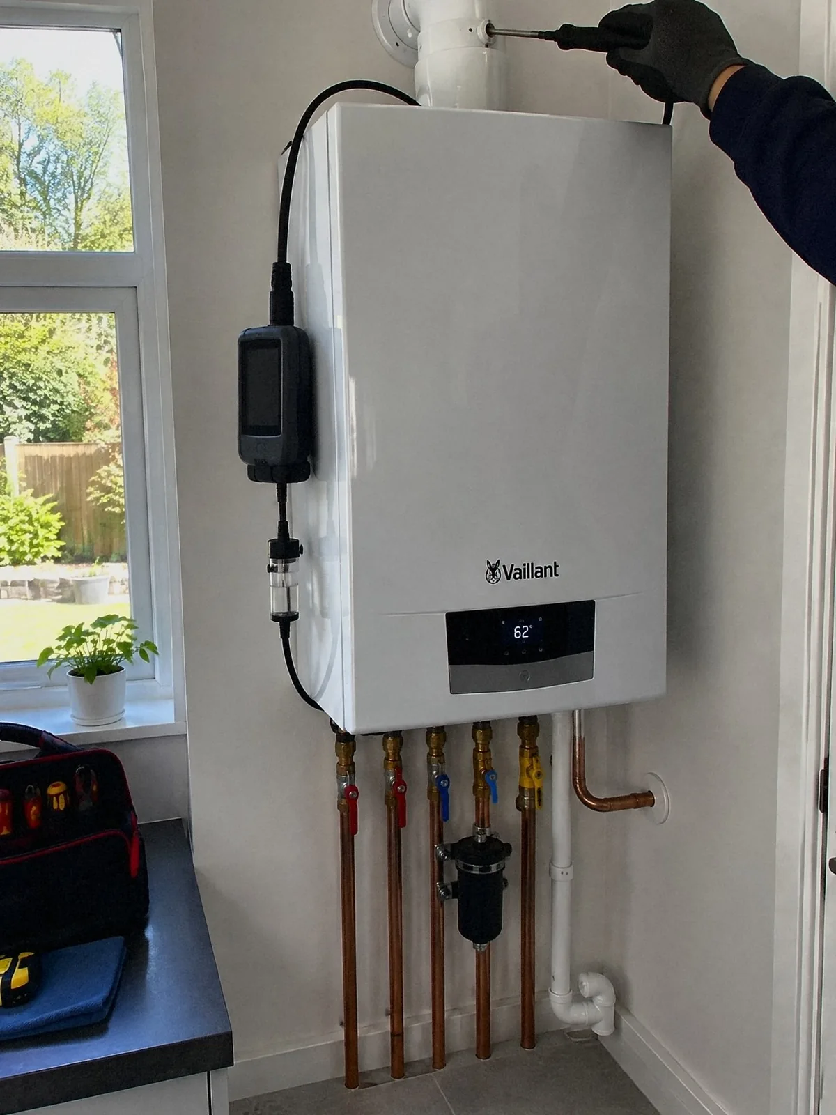 Illustration of an engineer checking the flue gases of a white Vaillant combi boiler, the analyser clipped to the case and the probe in the flue test point