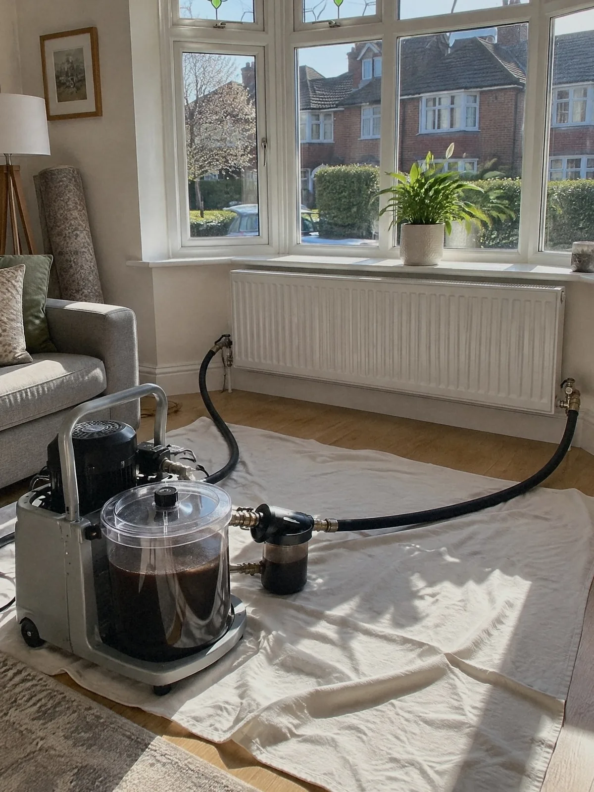 Illustration of a power flushing machine hosed to a radiator under a bay window, dust sheets on the floor and 1930s semis across the road