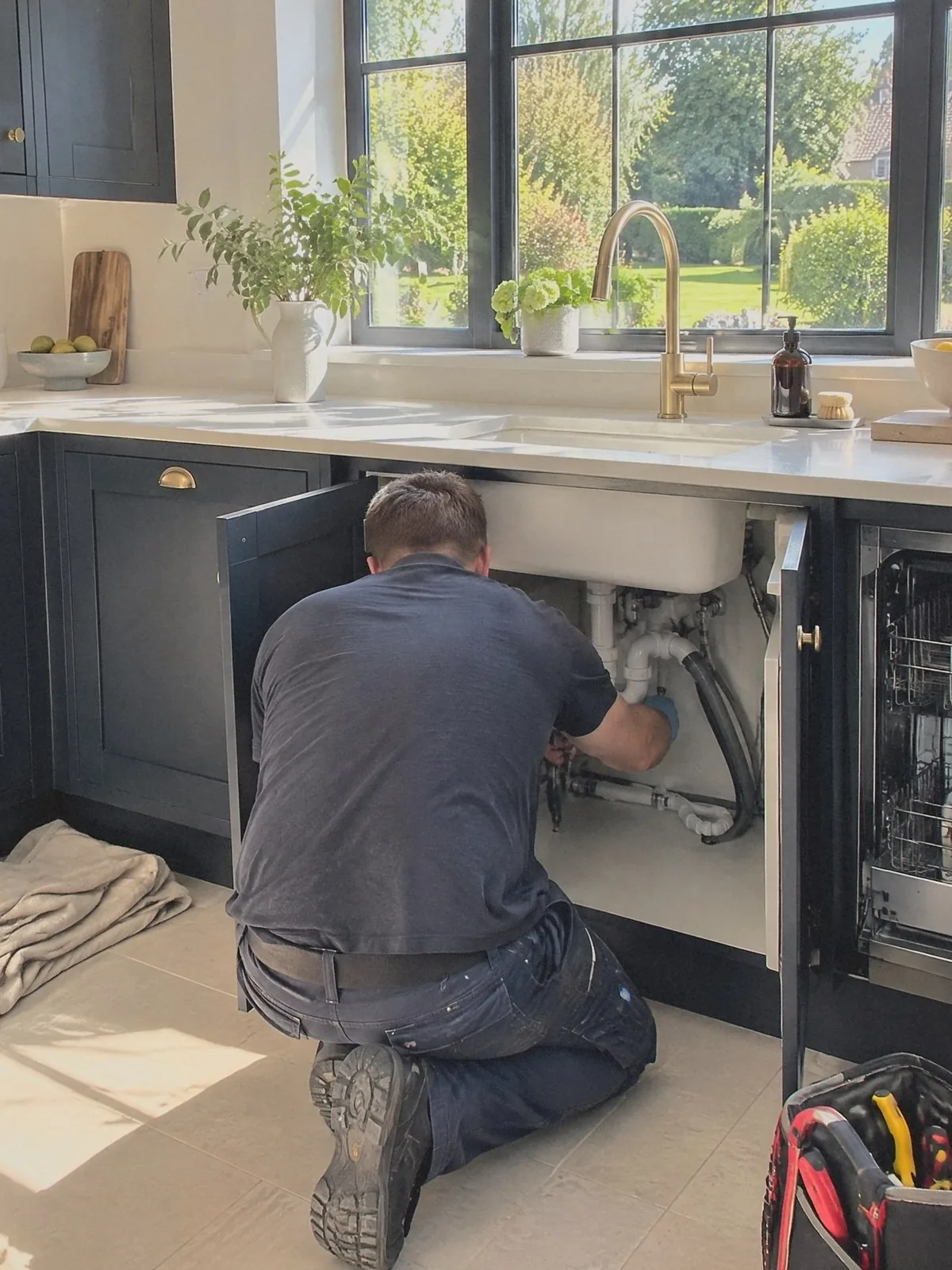 Illustration of an engineer kneeling at the sink cupboard of a new navy shaker kitchen, connecting the waste and supply pipes