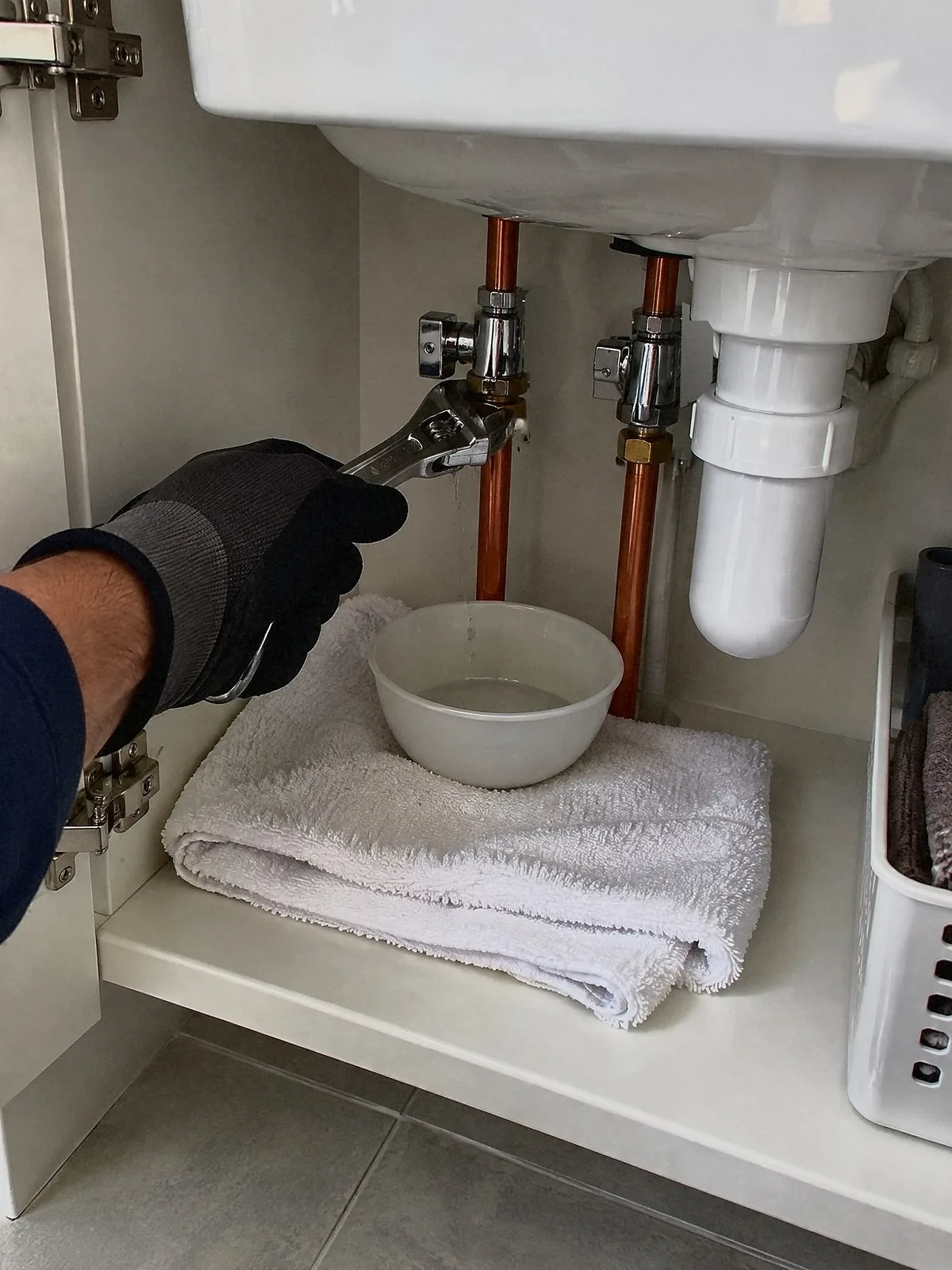 Illustration of a gloved hand tightening a leaking pipe fitting under a basin, a bowl on a folded towel catching the drips