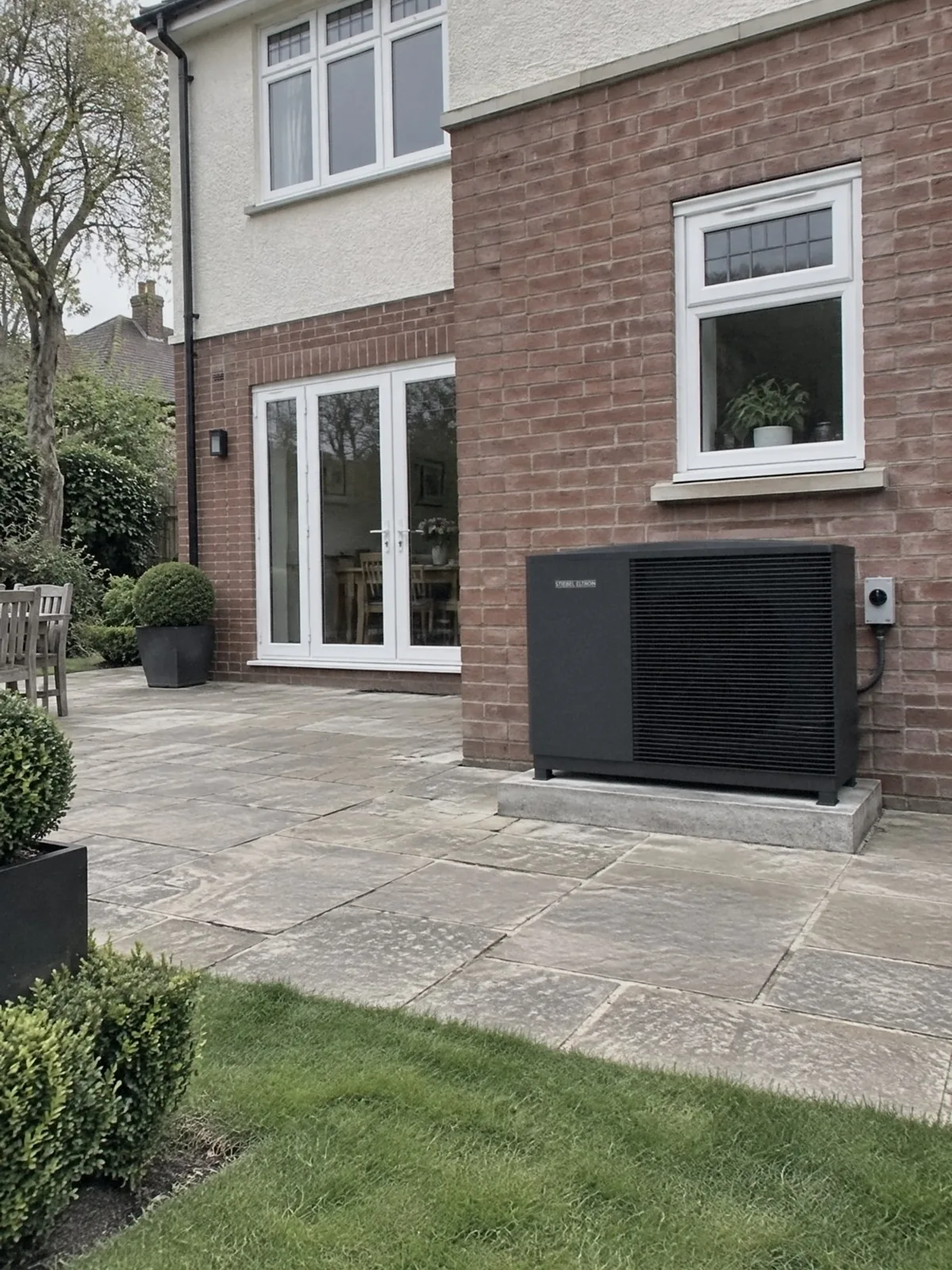 Illustration of an anthracite Stiebel Eltron air source heat pump on a concrete slab beside the patio of a 1930s house