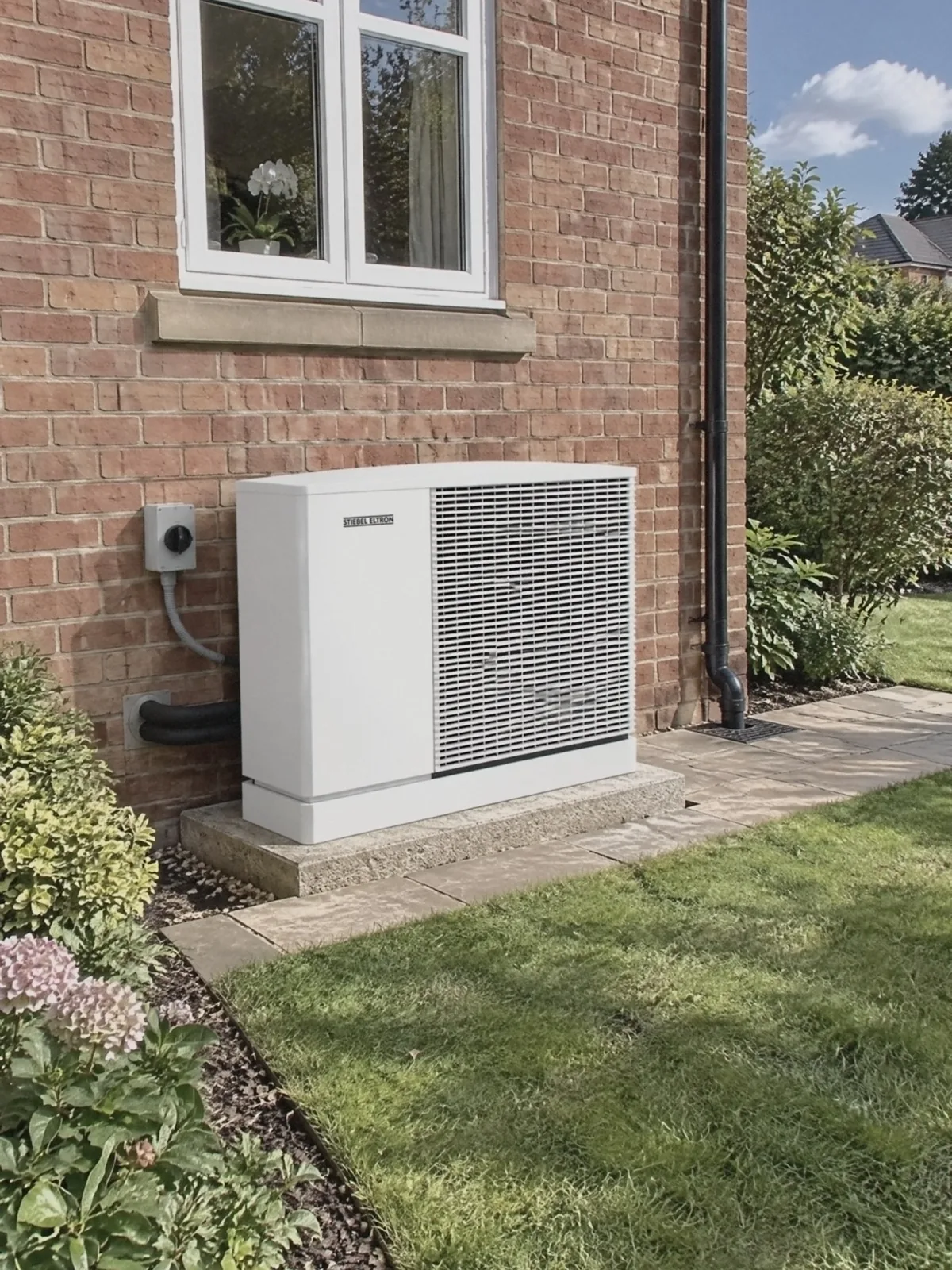 Illustration of a white Stiebel Eltron air source heat pump on a plinth beside a red-brick house, its isolator switch on the wall