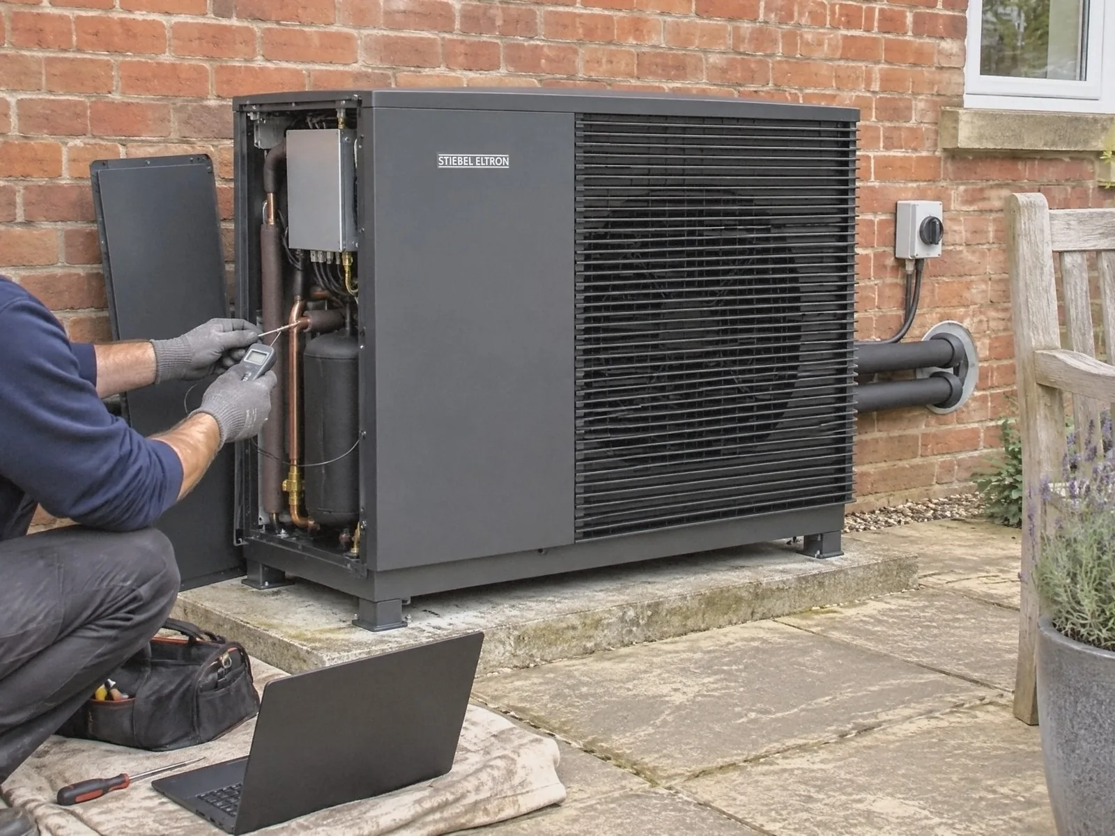 Illustration of an engineer in grey work gloves checking a pipe temperature inside an anthracite Stiebel Eltron heat pump with its end panel off, on a slab behind a red-brick house