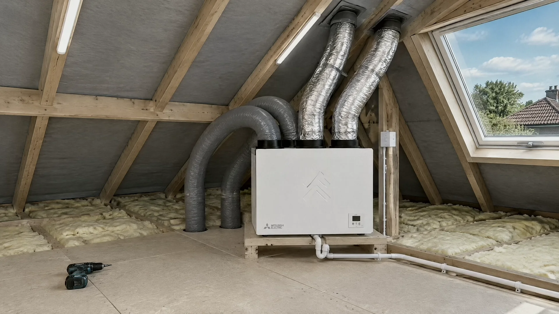 Illustration of a white Mitsubishi Electric heat recovery unit on a timber platform in a boarded loft, insulated ducts rising to the roof and a roof window onto a sunny sky