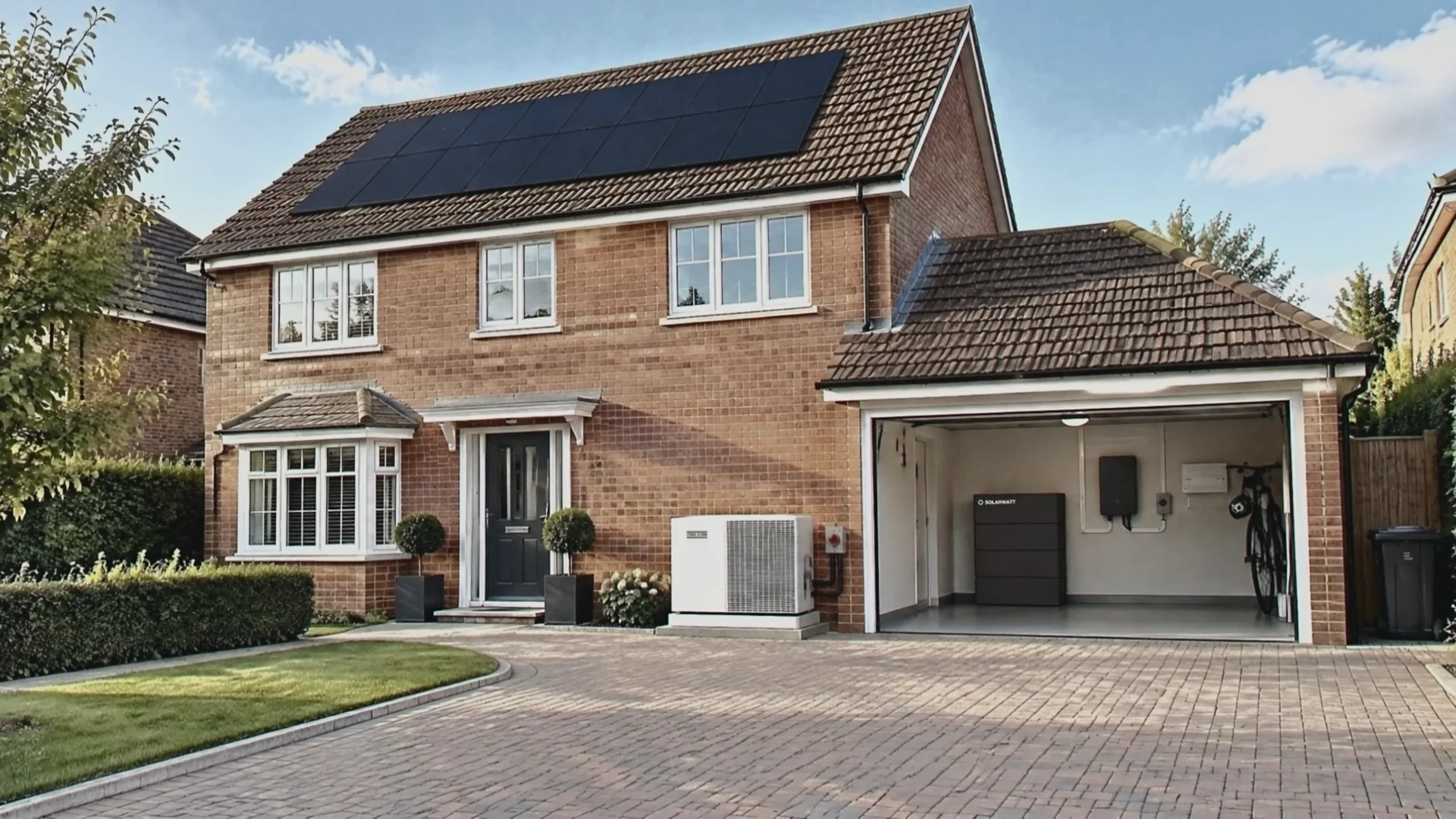 Illustration of a red-brick detached house on a sunny day with fourteen black solar panels on its roof, a white heat pump by the front door and a SolarWatt home battery in the open garage