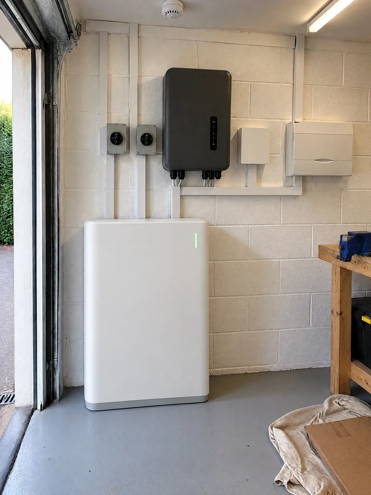 Illustration of a home battery in the double garage of a detached house, the inverter, isolators and consumer unit beside it in white trunking