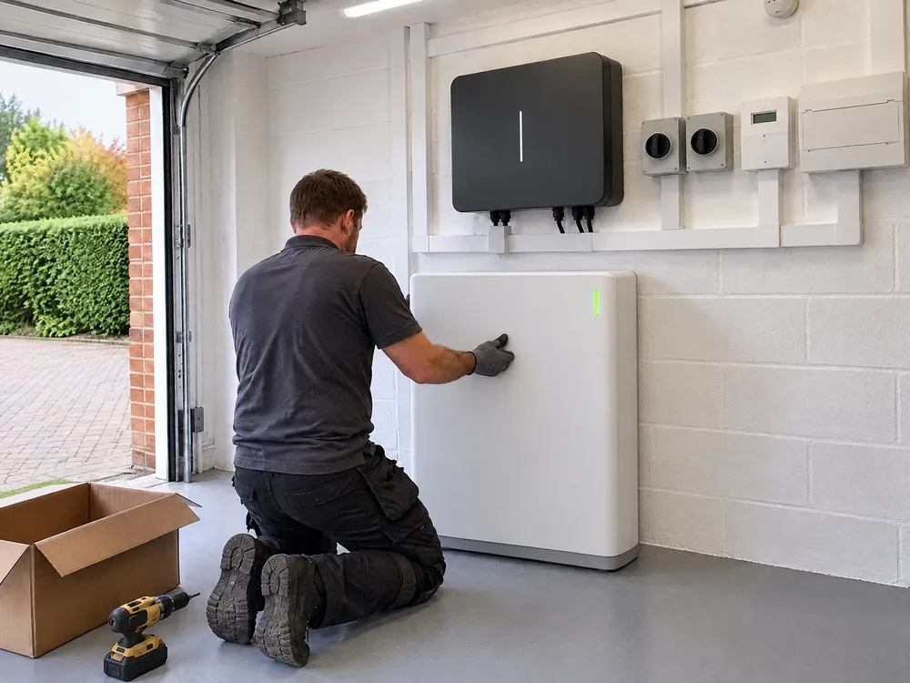 Illustration of a fitter kneeling to fit the front cover of a home battery in a garage, the inverter already on the wall