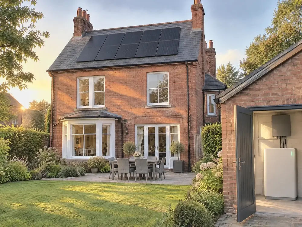 Illustration of the back garden of a red-brick Edwardian house with solar panels on its slate roof and a garage door open on a home battery