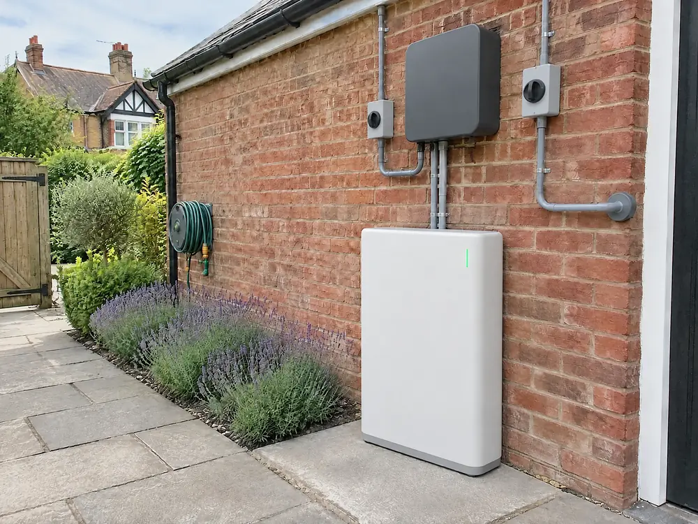 Illustration of a home battery on a slab against the brick wall of a detached garage, the inverter and isolators above it in grey conduit, lavender along the path