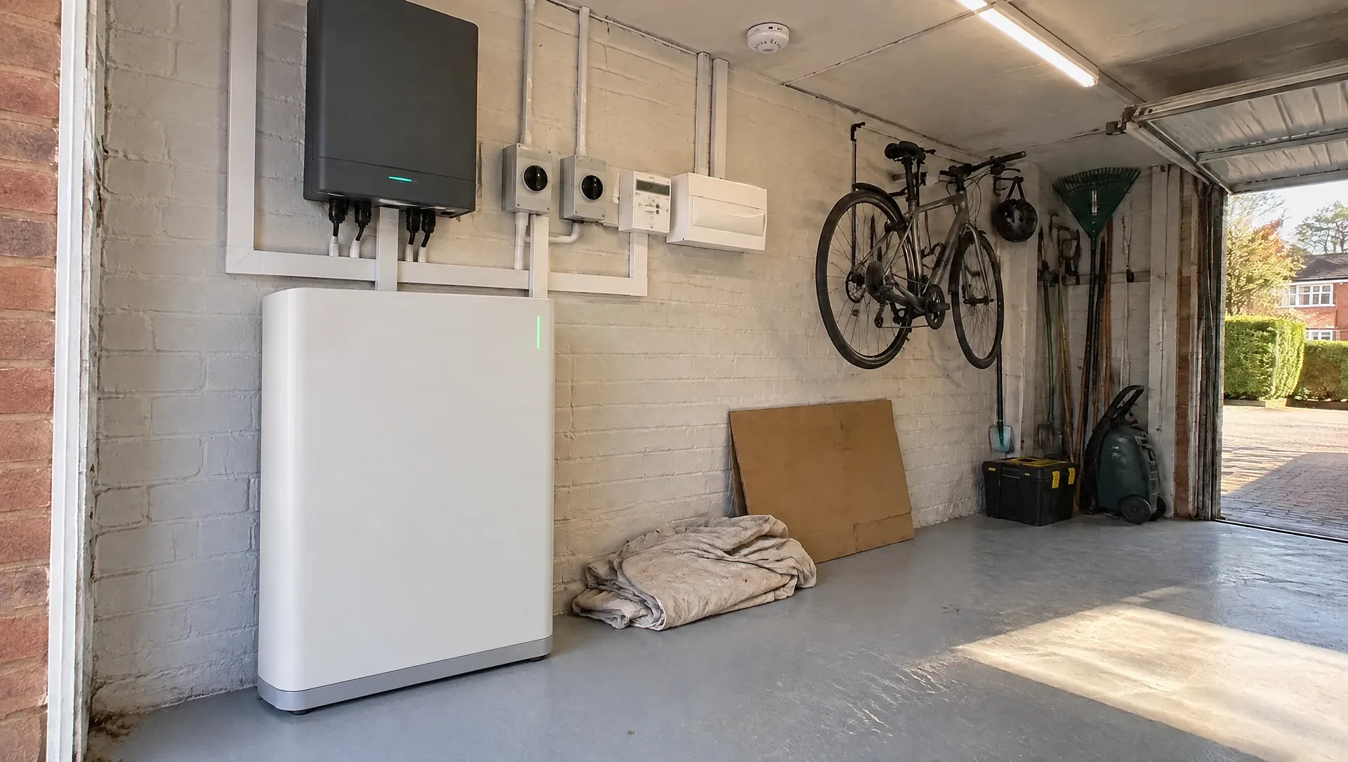 Illustration of a home battery in a detached garage, its inverter, isolators, meter and consumer unit above it in white trunking, a bike on the wall and sunlight through the open door
