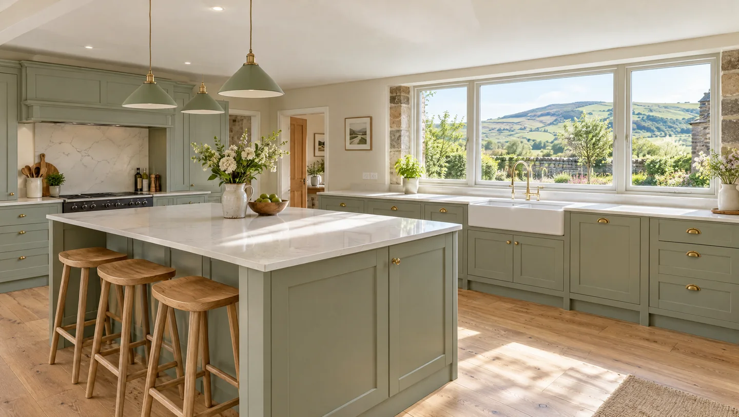 Bright shaker kitchen in a detached stone house, sage units and pale worktops, morning sun through a wide window over the sink