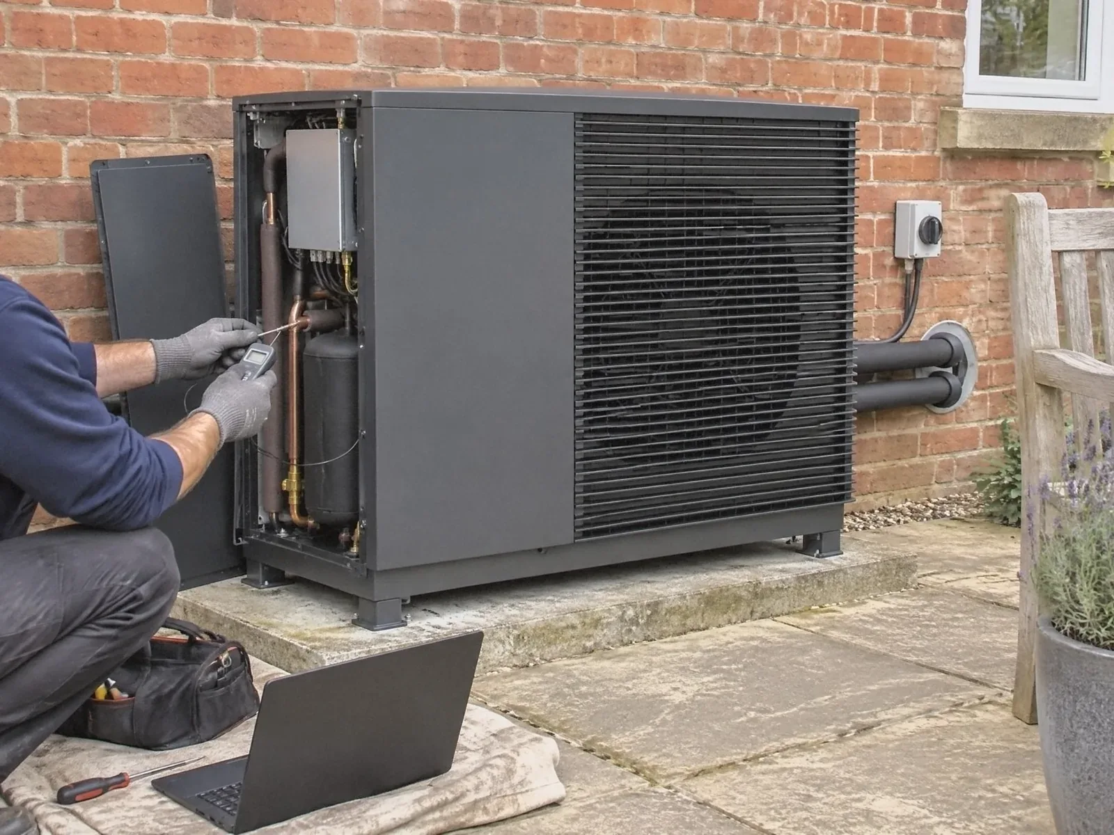 Illustration of an engineer in grey work gloves checking a pipe temperature inside an anthracite Stiebel Eltron heat pump with its end panel off, on a slab behind a red-brick house