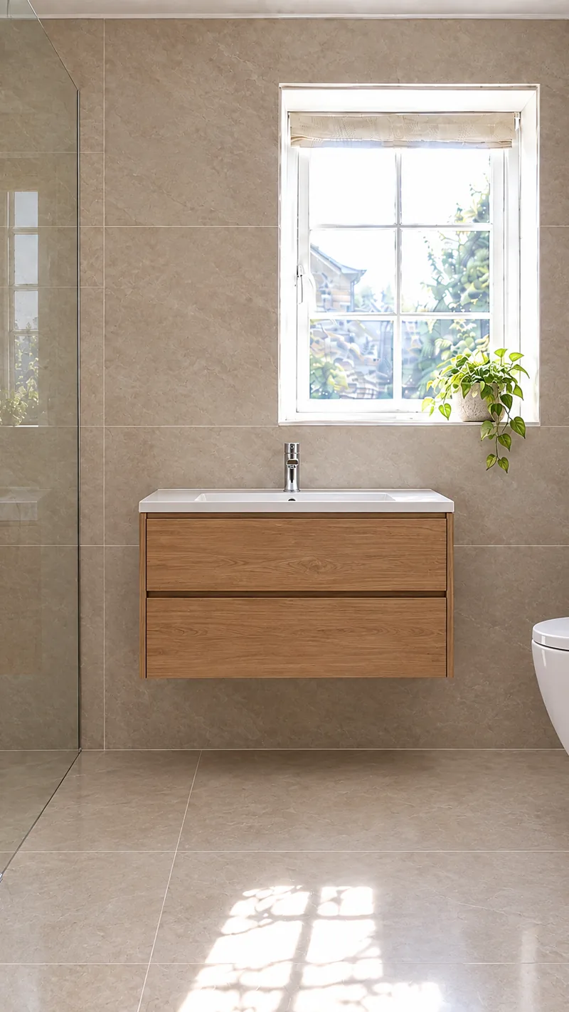 Illustration of a finished level-access wet room: a frameless glass screen, a chrome rain head and a heated towel rail, with sunlight across the tiles