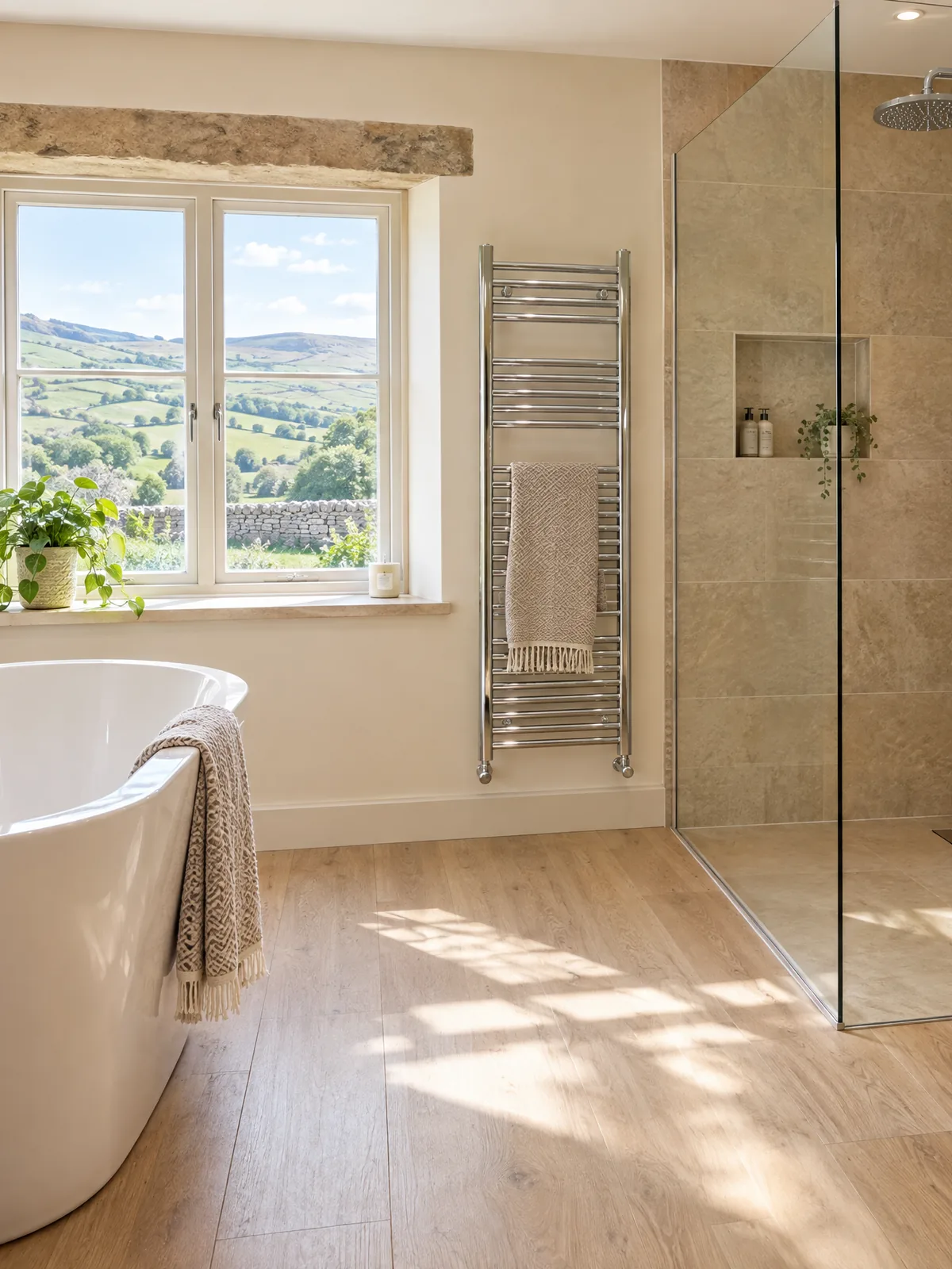 Illustration of a bright family bathroom in a detached stone house: a freestanding bath, a walk-in shower behind a frameless glass screen and a sunlit window looking out to green hills