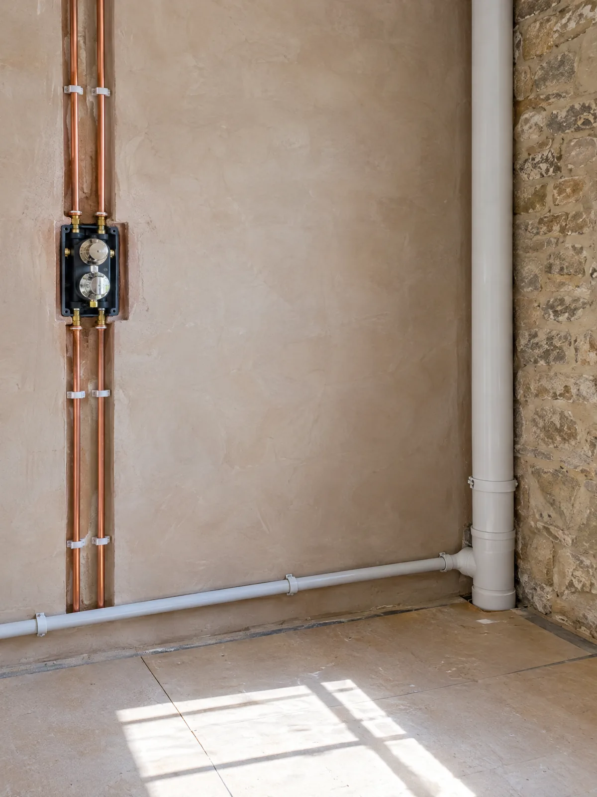 Illustration of first fix in a stripped bathroom: new copper hot and cold feeds running to a concealed shower valve box chased into the wall, and the waste run clipped back to the stack