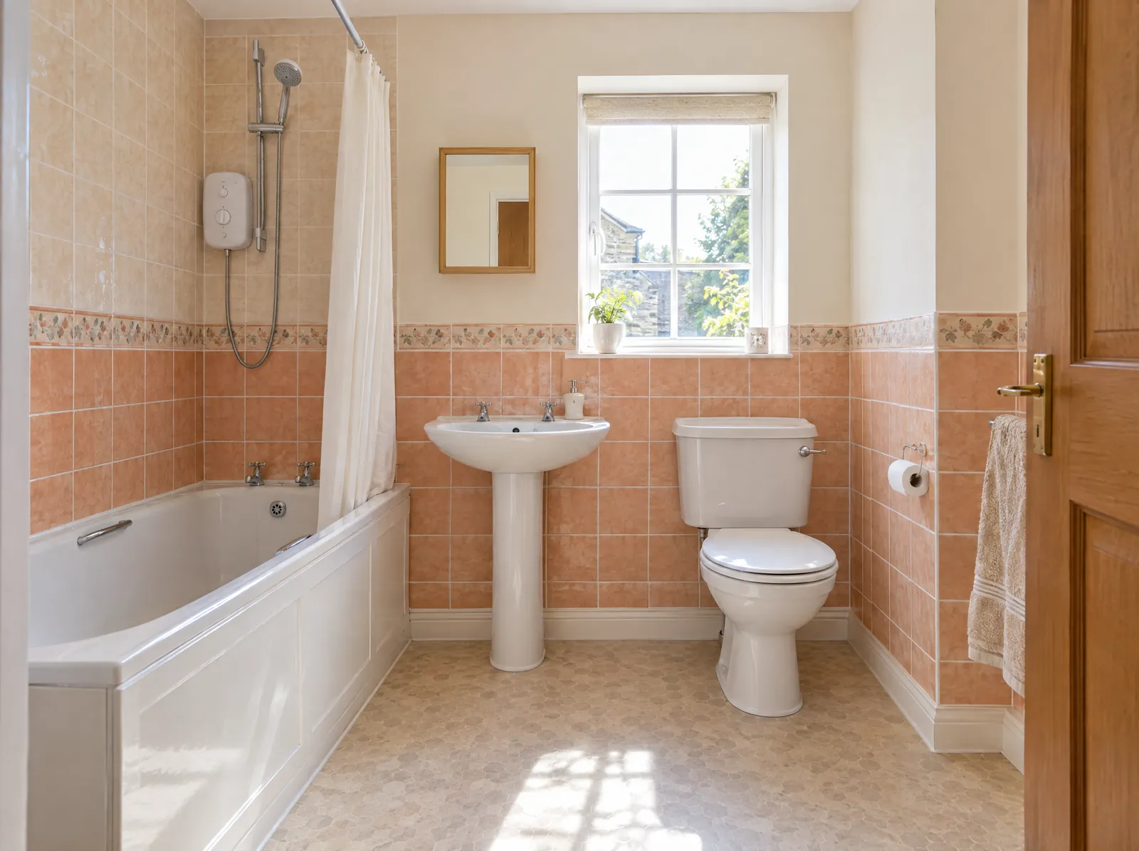 Illustration of a dated but tidy bathroom before the refit, with peach tiles, a bath with an over-bath shower and a pedestal basin