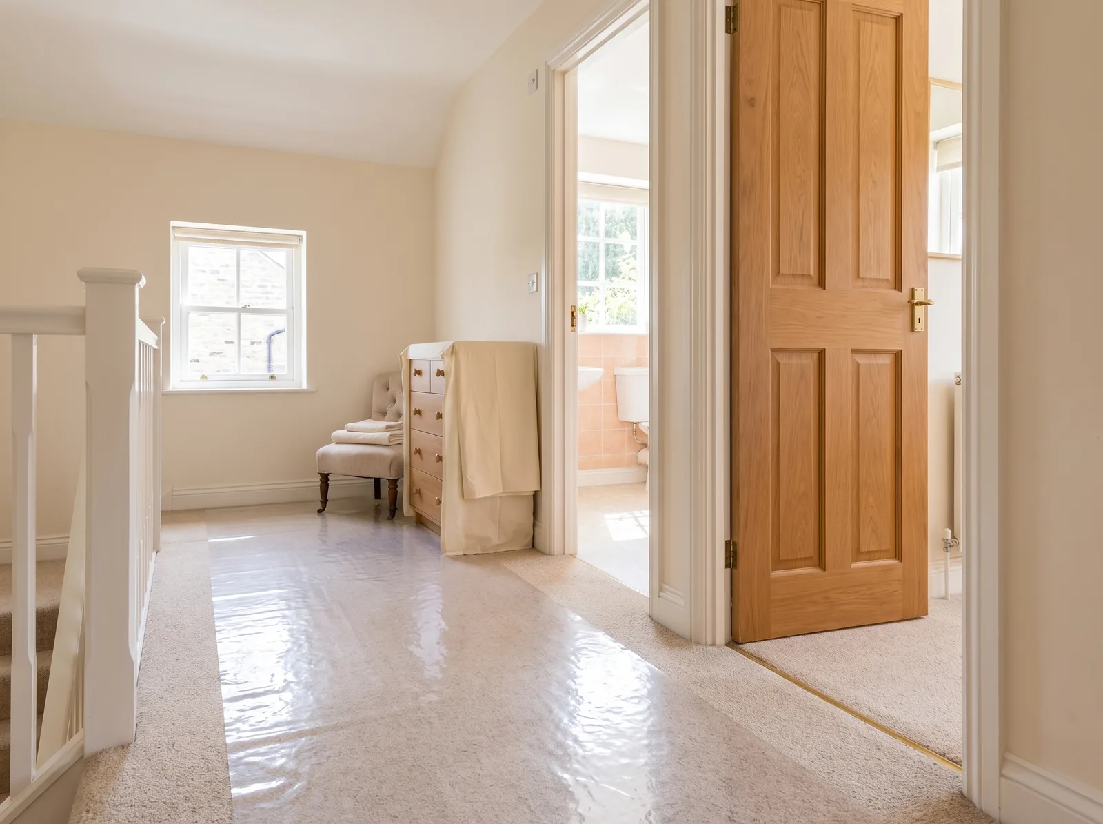 Illustration of an upstairs landing by the bathroom, with protective film laid over the carpet and a dust sheet over the chest of drawers