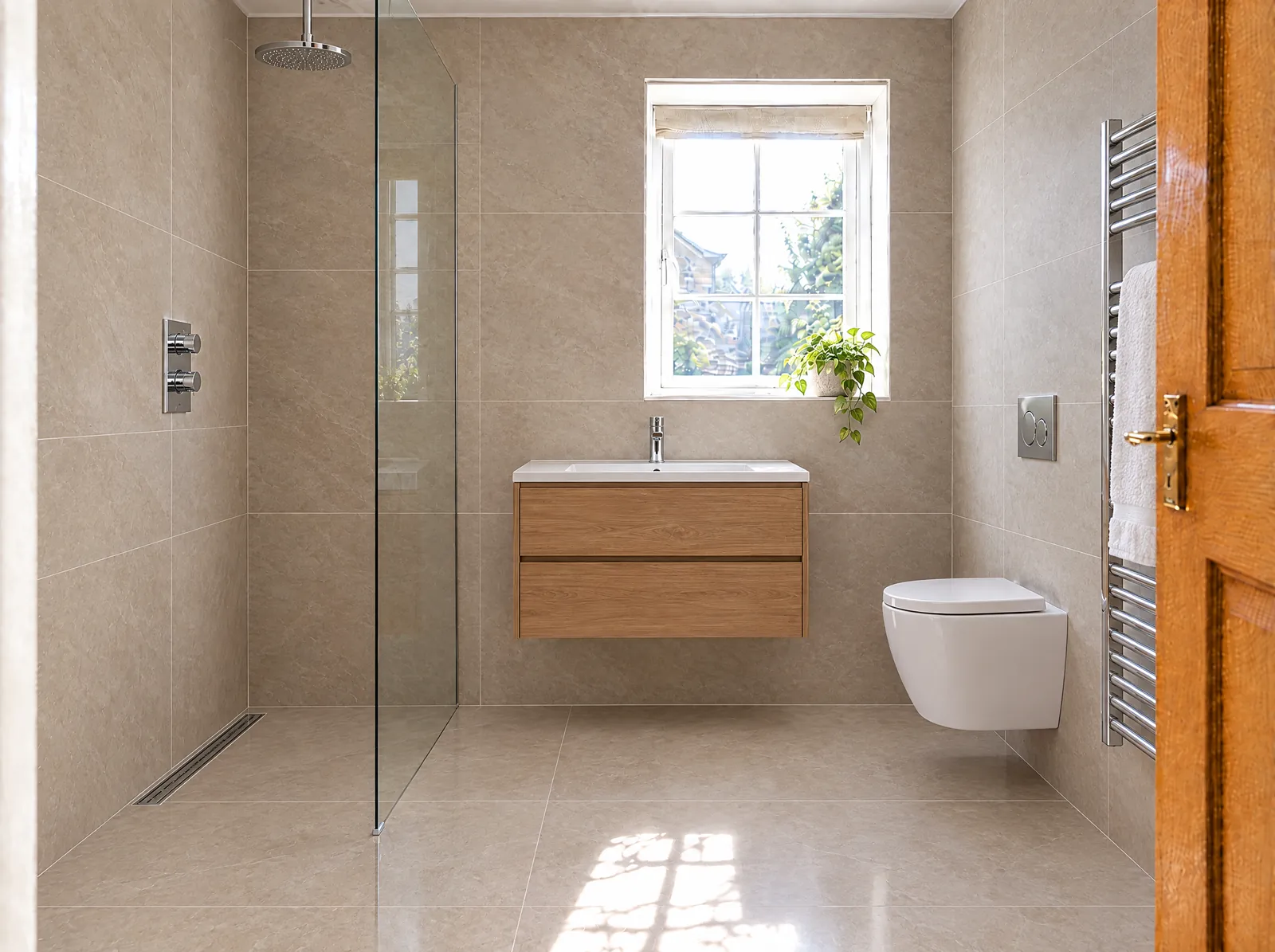 Illustration of the finished wet room with a frameless glass screen, a rain shower, an oak vanity unit, a wall-hung toilet and a towel radiator