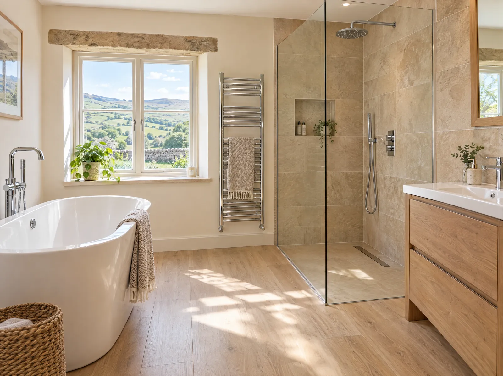 Illustration of a bright finished family bathroom in a detached stone house, with a freestanding bath, a walk-in shower and a sunlit window