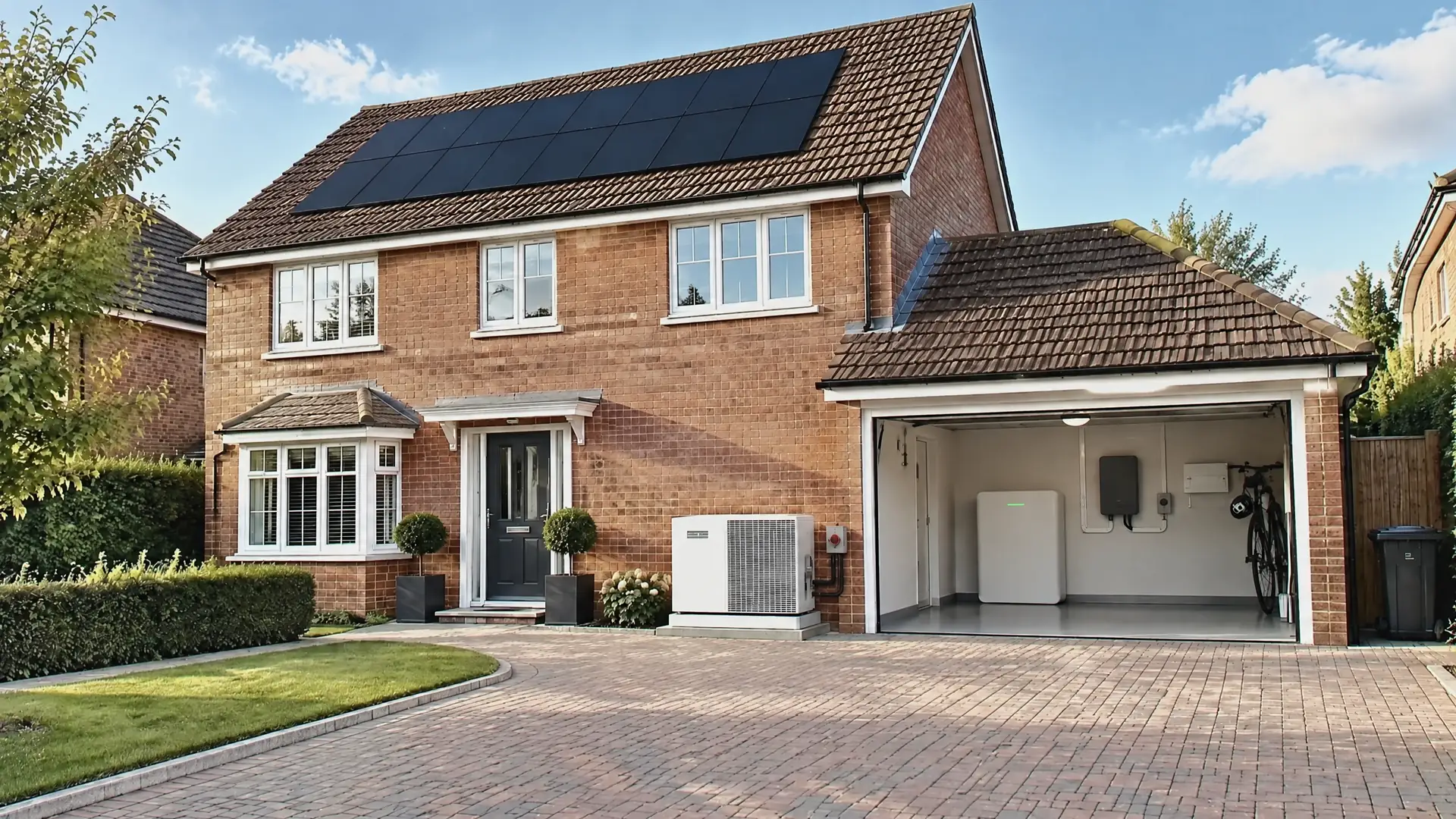 Illustration of a red-brick detached house on a sunny day with fourteen black solar panels on its roof, a white heat pump by the front door and a home battery in the open garage